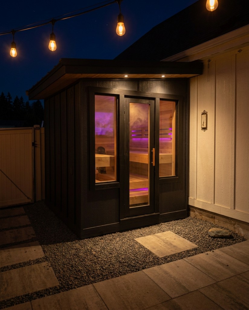 Custom sauna glowing at night