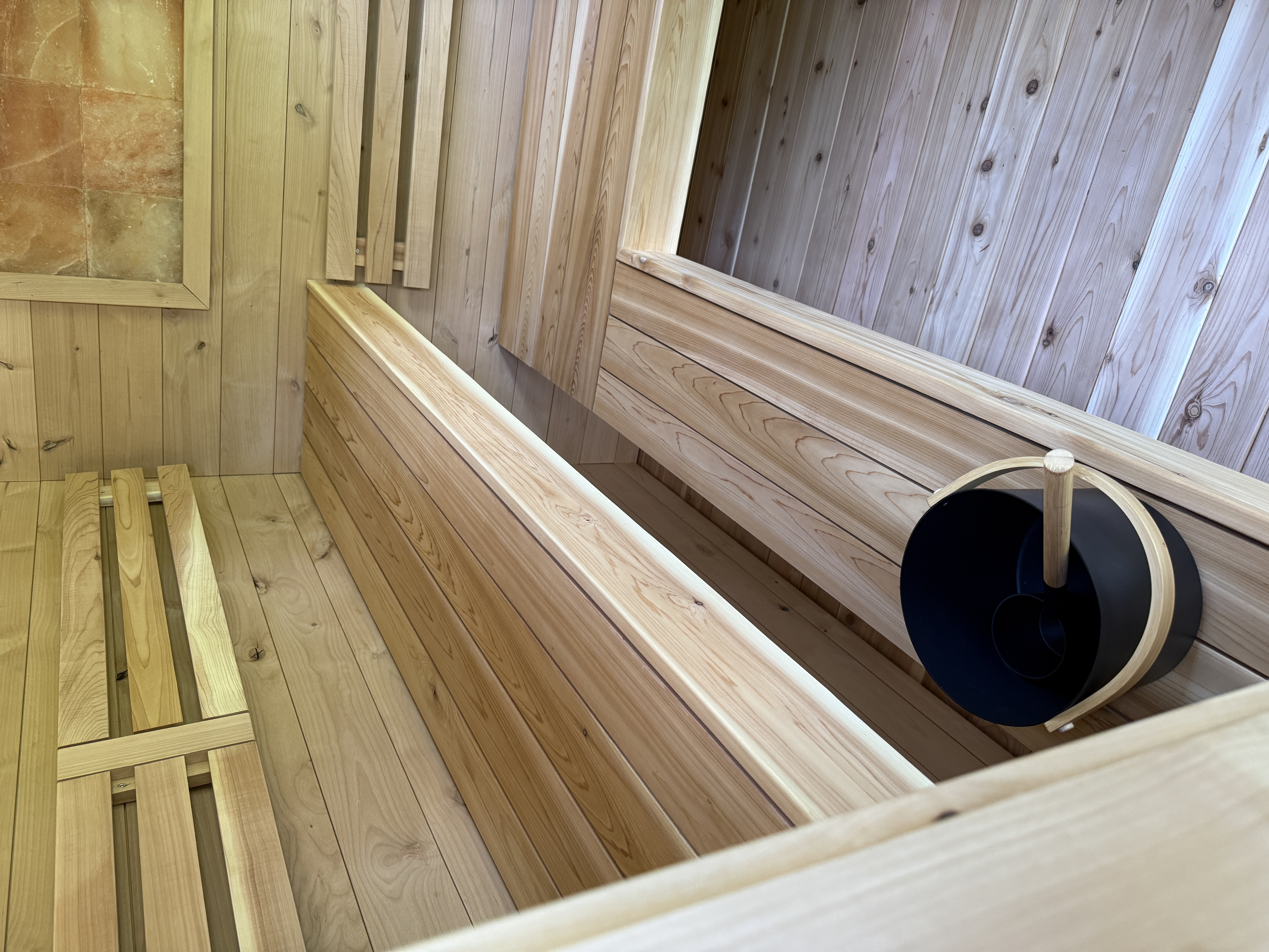 Cabin custom sauna — clear cedar sauna benches.JPG